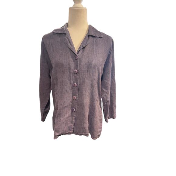 Vintage FLAX by Jeanne Engelhart 100% Linen Button Front Shirt Small Purple Blue - Picture 2 of 7